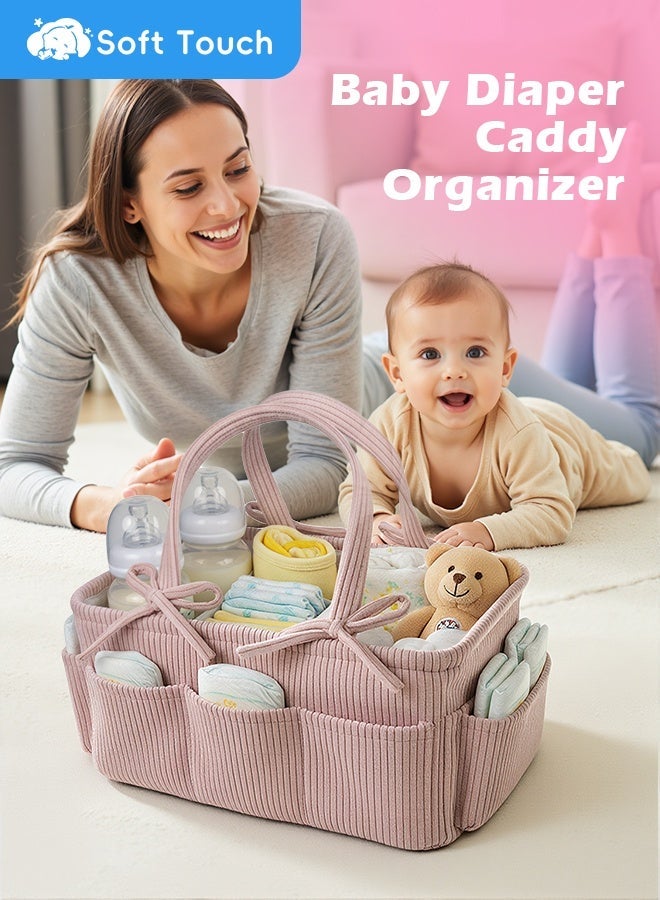 Soft Touch Baby Diaper Caddy Organizer, Corduroy Nursery Diaper Basket, Changing Table Organizer, Portable Tote Bag with Divider, Baby Shower Basket for Car, Travel and Bedroom - Image 2